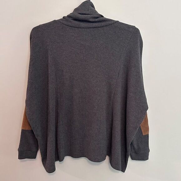 THML Oversized Boxy Thermal Turtleneck Top Womens Medium Elbow Patches Grey - Picture 2 of 5